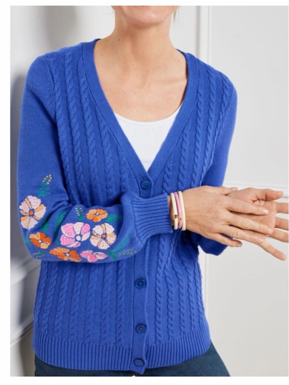 Talbots Cobalt Blue Floral Embroidered Cable V-Neck Cardigan